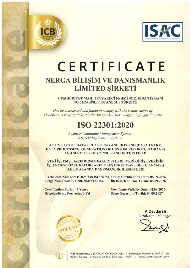 ISO 22301:2020 İş Sürekliliği Yönetim Sistemi belgesi
