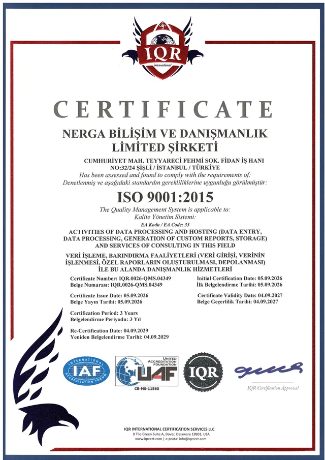 ISO 9001:2015 Kalite Yönetim Sistemi belgesi